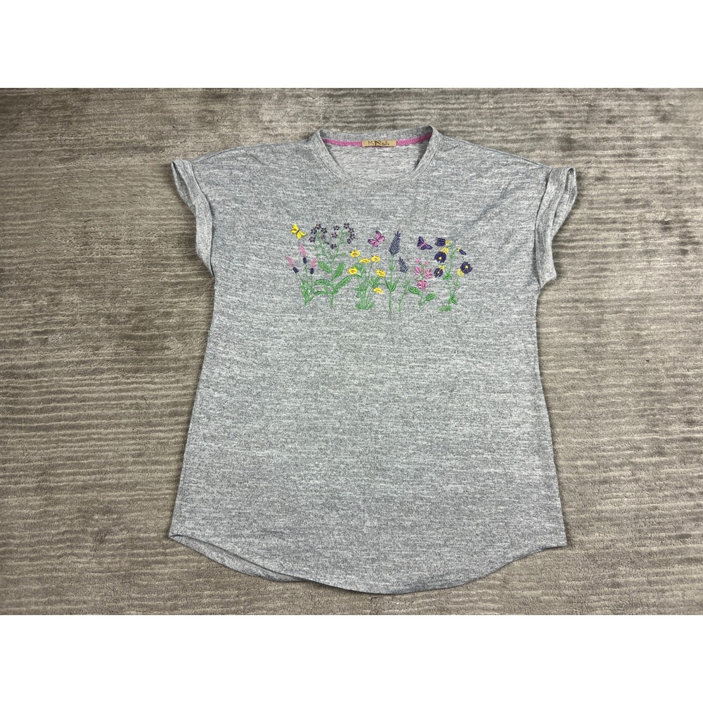 My Danielle Top Womens Med Grey Wildflower Embroidered Cuffed Sleeve MD22402KH5